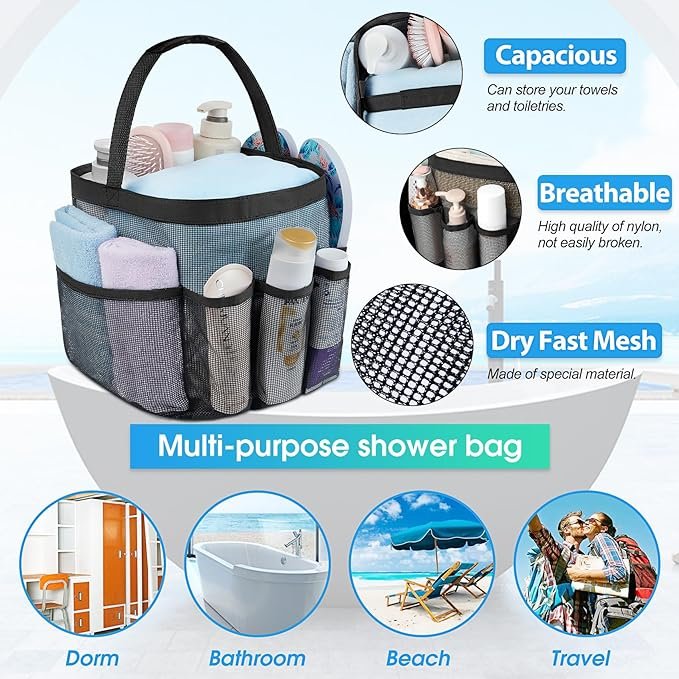 Mesh Shower Caddy Portable for College Dorm Room Essentials with 8 Pockets