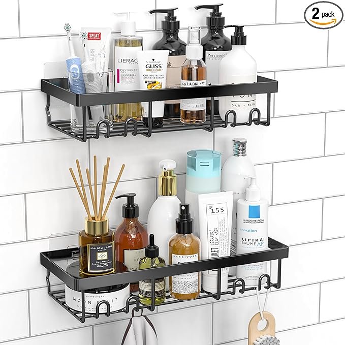 Moforoco Shower Caddy Shelf Organizer Rack, Self Adhesive Black Bathroom Shelves Basket